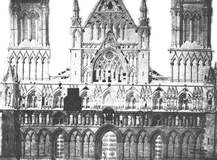 Christian Christies tegning av Nidarosdomens vestfront fra 1903